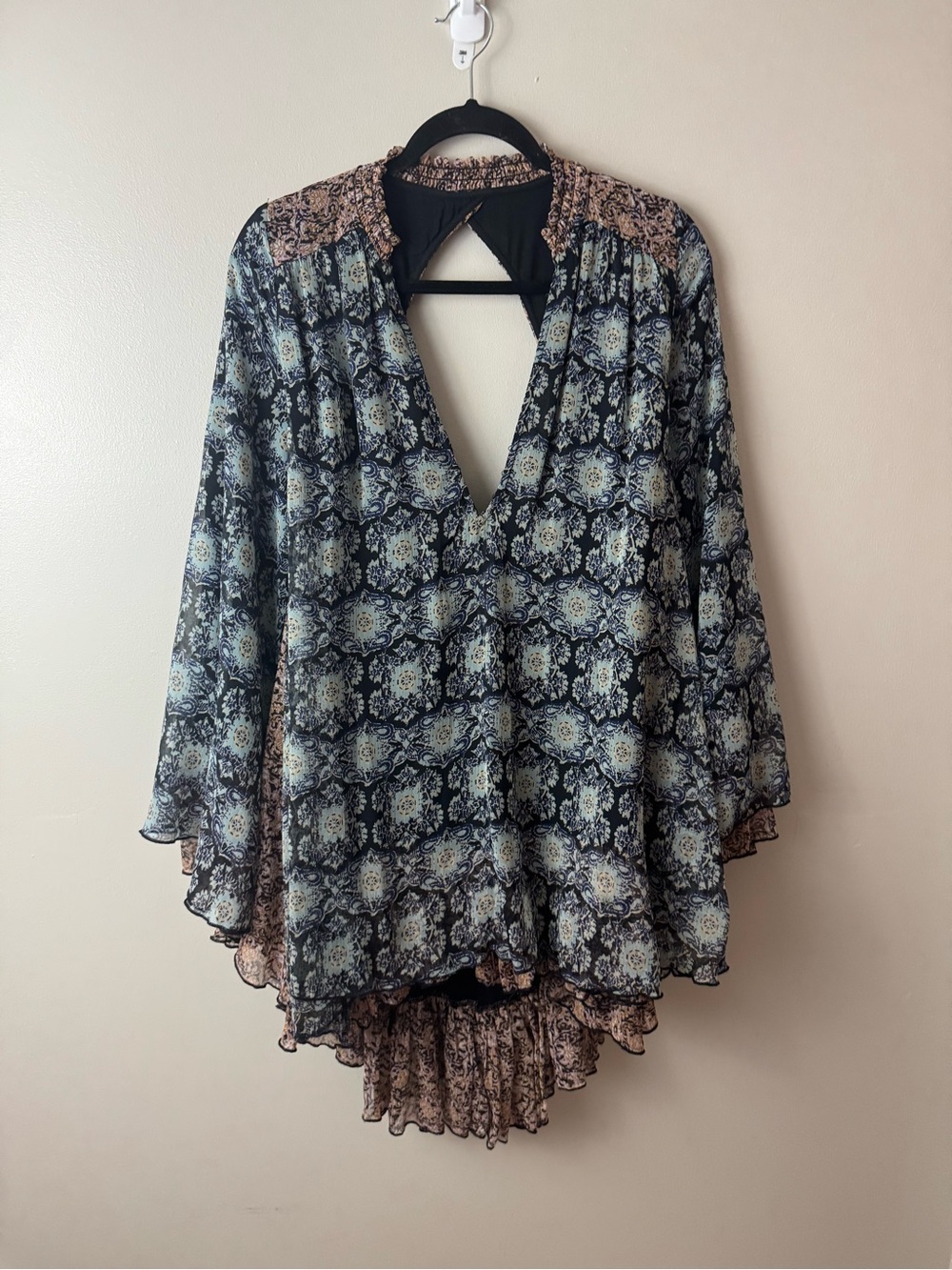 Free People Black Paisley Long Sleeve Tiered Tunic With Open Back Small